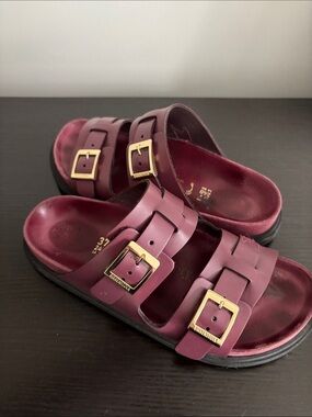 Birkenstock leather Double Buckle Slide Sandals - Burgundy with Gold Buckles
